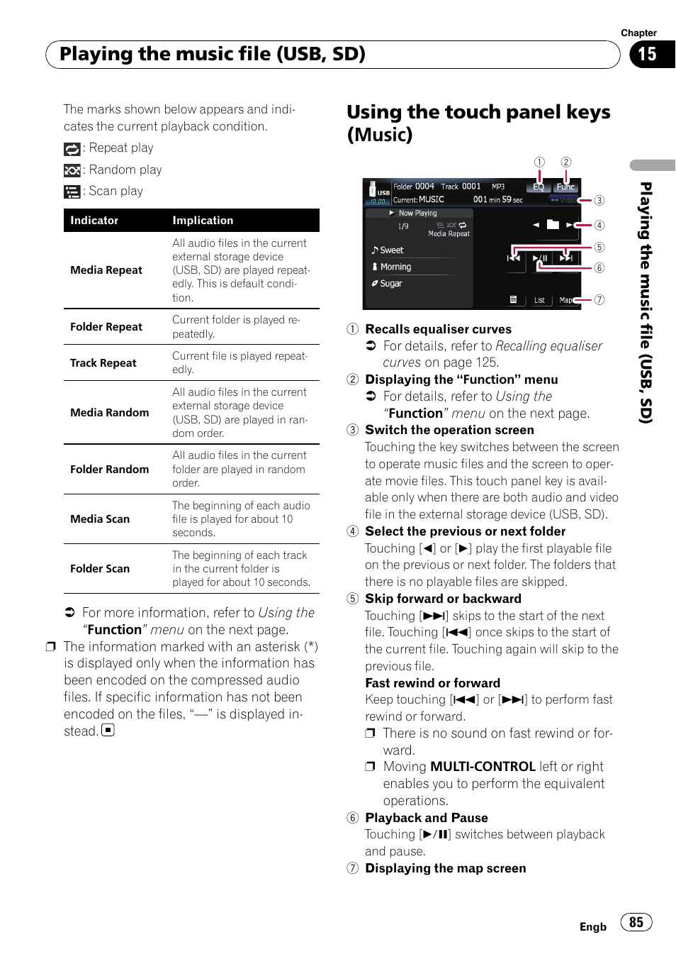 Using the touch panel keys (music), Playing the music file (usb, sd) | Pioneer AVIC F900BT User Manual | Page 85 / 172