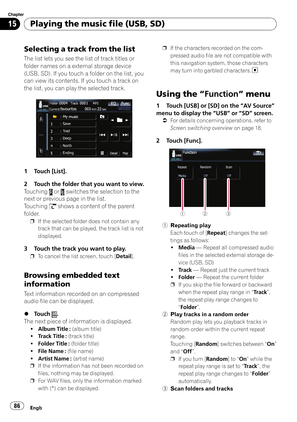 Selecting a track from the list 86, Browsing embedded text, Information | Using the, Function” menu 86, Using the “function” menu, Playing the music file (usb, sd), Selecting a track from the list, Browsing embedded text information | Pioneer AVIC F900BT User Manual | Page 86 / 172