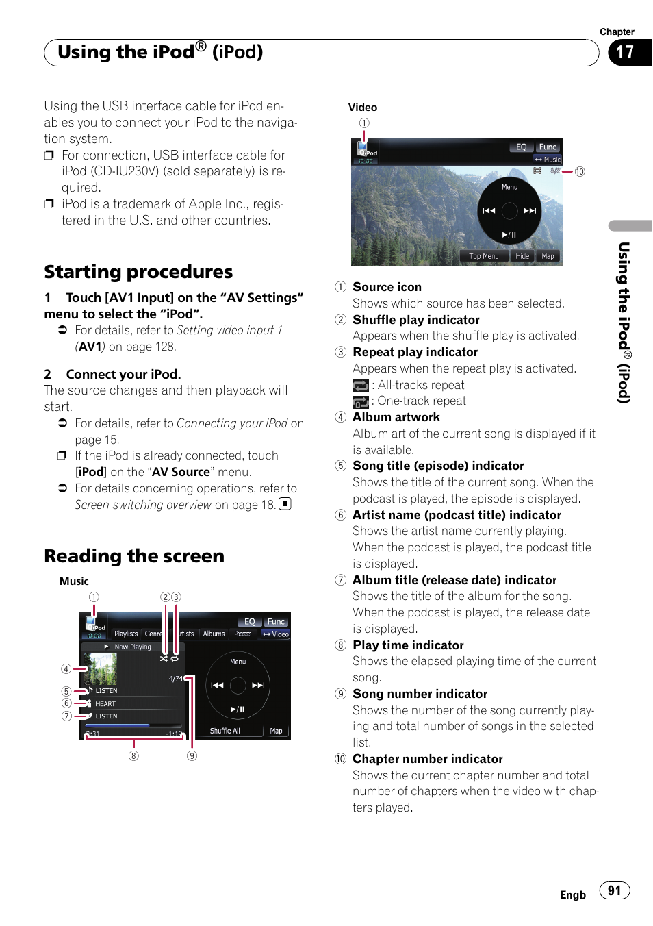 Using the ipod® (ipod) starting procedures, Reading the screen, Starting procedures | Using the ipod, Ipod) | Pioneer AVIC F900BT User Manual | Page 91 / 172