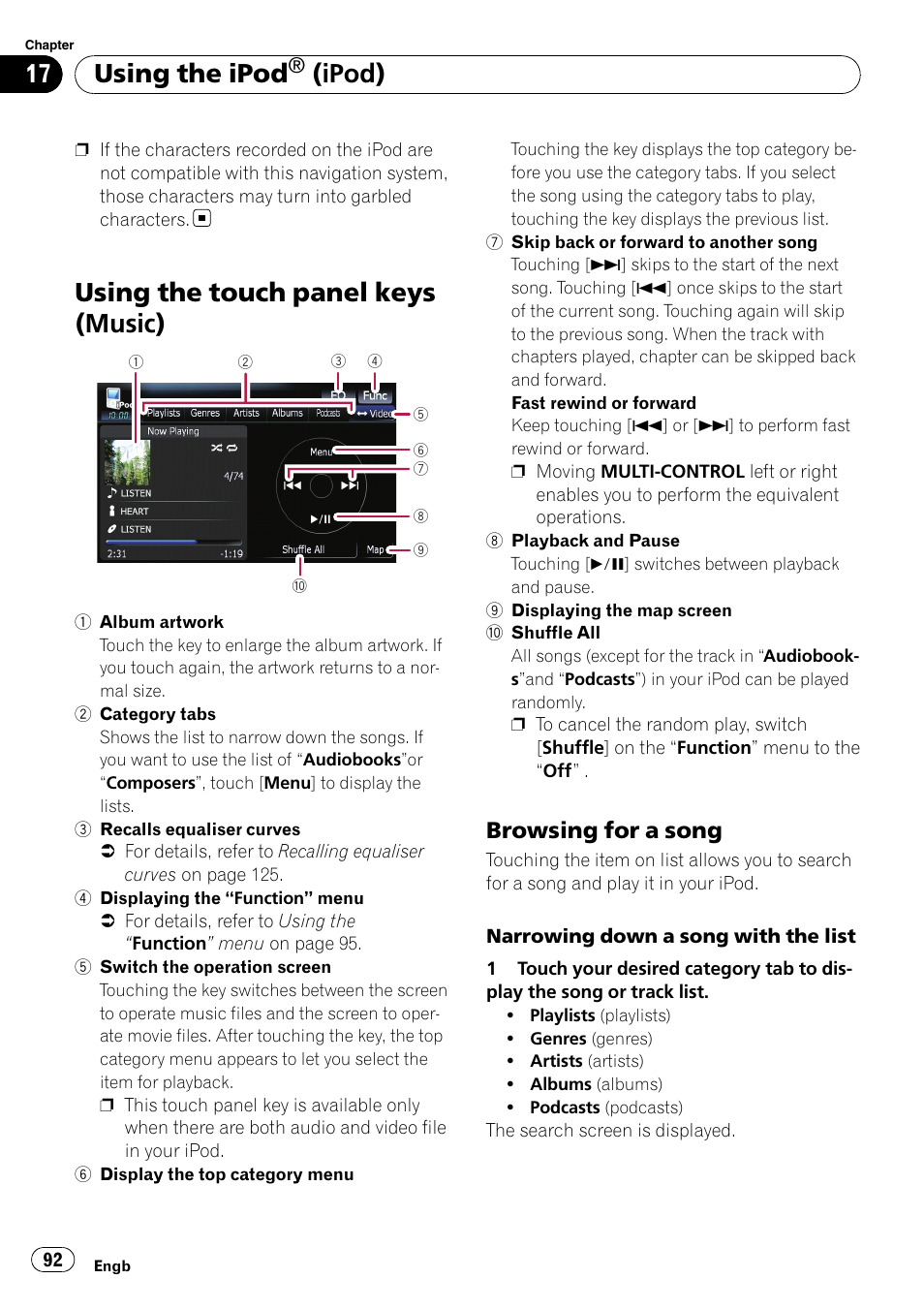 Using the touch panel keys (music), Browsing for a song 92, Using the ipod | Ipod), Browsing for a song | Pioneer AVIC F900BT User Manual | Page 92 / 172