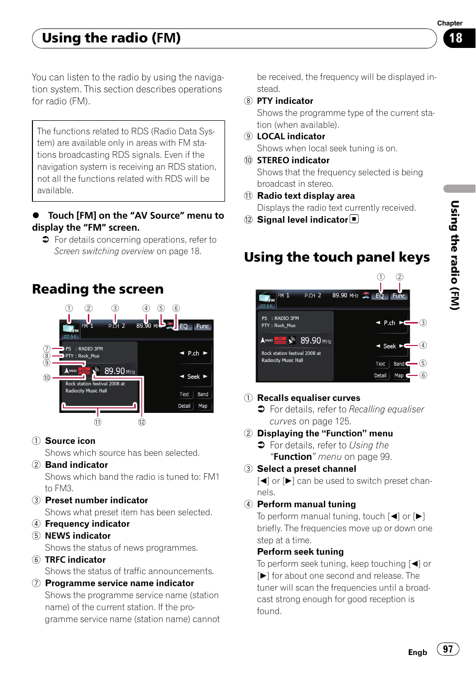 Using the radio (fm) reading the screen, Using the touch panel keys, Reading the screen | Using the radio (fm) | Pioneer AVIC F900BT User Manual | Page 97 / 172