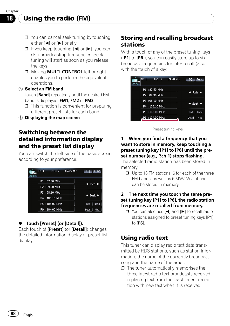 Switching between the detailed, Information display and the preset list display, Storing and recalling broadcast | Stations, Using radio text 98, Using the radio (fm), Storing and recalling broadcast stations, Using radio text | Pioneer AVIC F900BT User Manual | Page 98 / 172