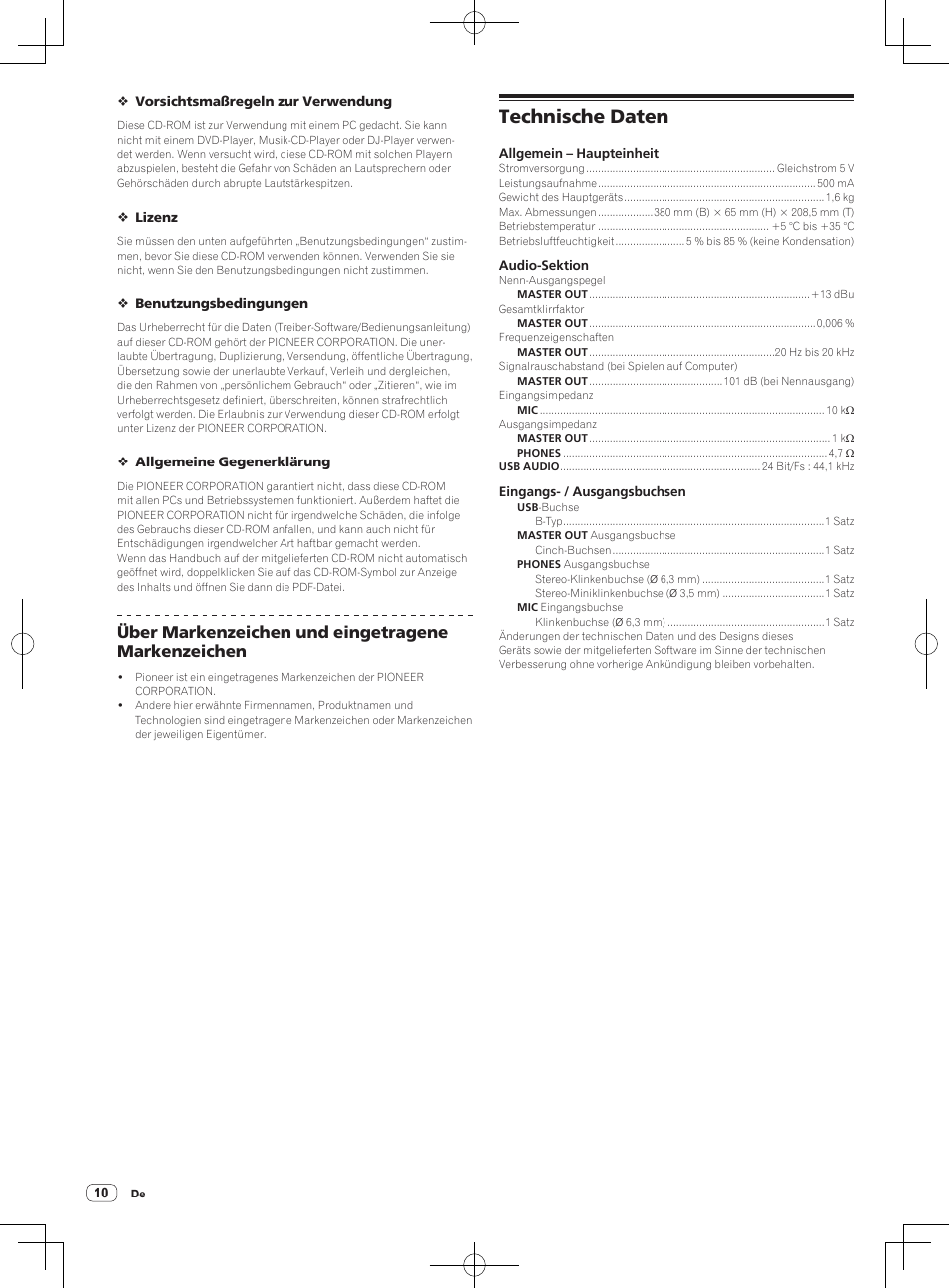 Technische daten, Über markenzeichen und eingetragene markenzeichen | Pioneer DDJ-WeGO-G User Manual | Page 10 / 32
