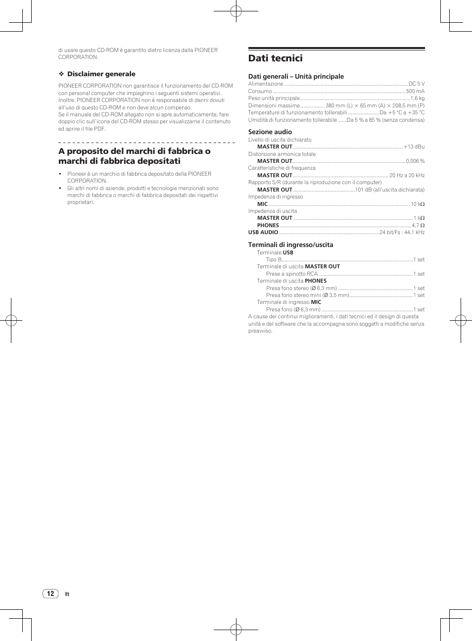 Dati tecnici | Pioneer DDJ-WeGO-G User Manual | Page 12 / 32