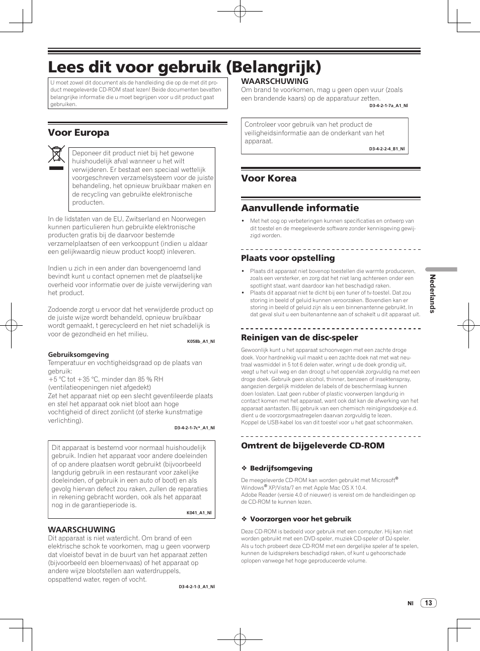 Lees dit voor gebruik (belangrijk), Dj controller, Voor europa | Voor korea aanvullende informatie | Pioneer DDJ-WeGO-G User Manual | Page 13 / 32