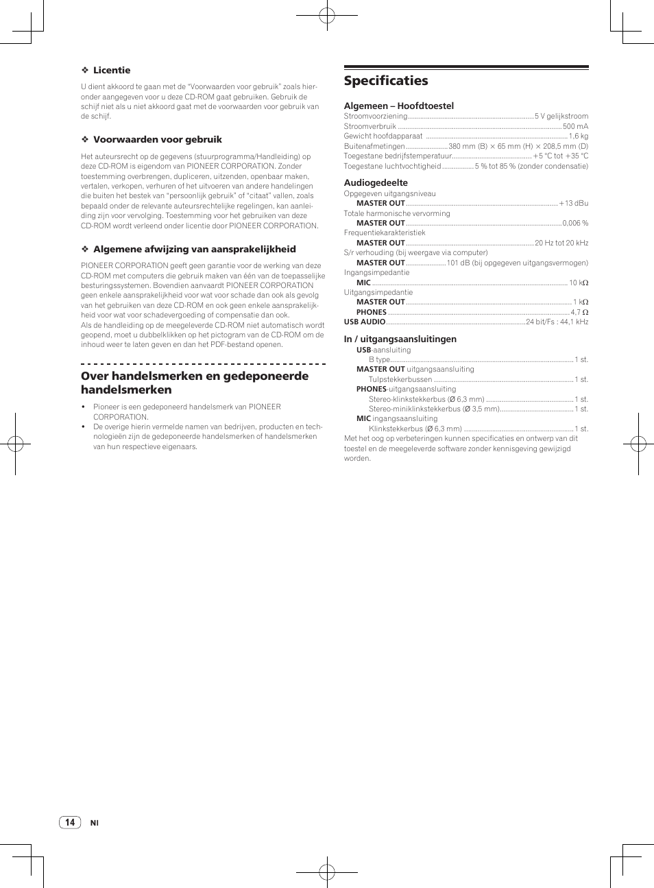 Specificaties, Over handelsmerken en gedeponeerde handelsmerken | Pioneer DDJ-WeGO-G User Manual | Page 14 / 32