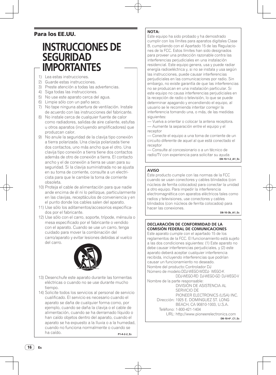 Instrucciones de seguridad importantes, Para los ee.uu | Pioneer DDJ-WeGO-G User Manual | Page 16 / 32