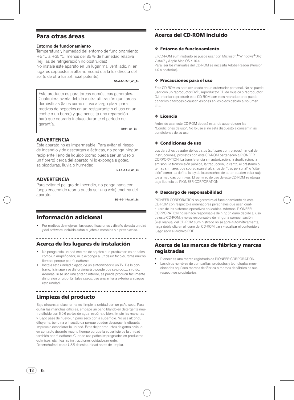 Para otras áreas, Información adicional, Advertencia | Acerca de los lugares de instalación, Limpieza del producto, Acerca del cd-rom incluido | Pioneer DDJ-WeGO-G User Manual | Page 18 / 32