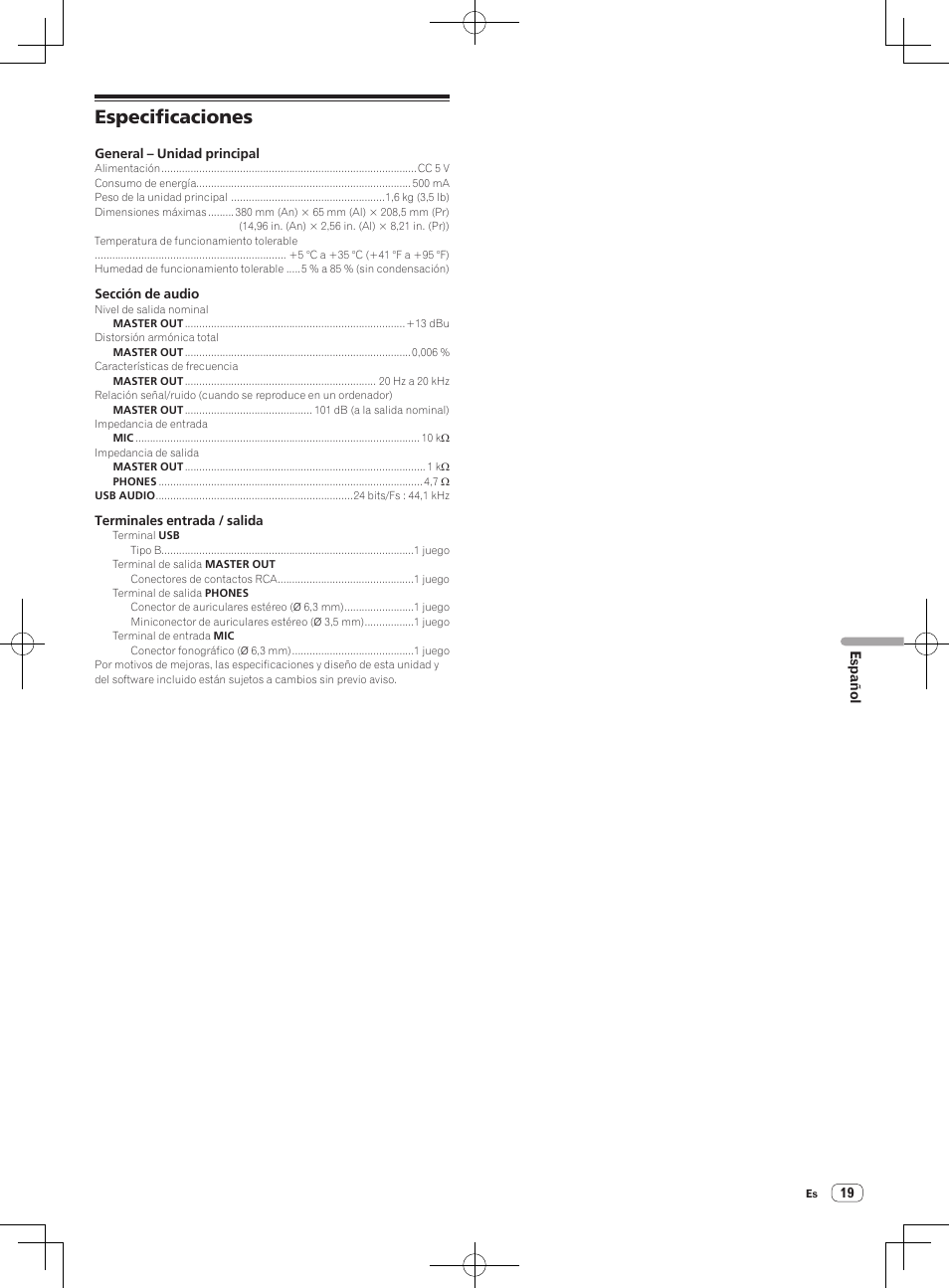 Especificaciones | Pioneer DDJ-WeGO-G User Manual | Page 19 / 32