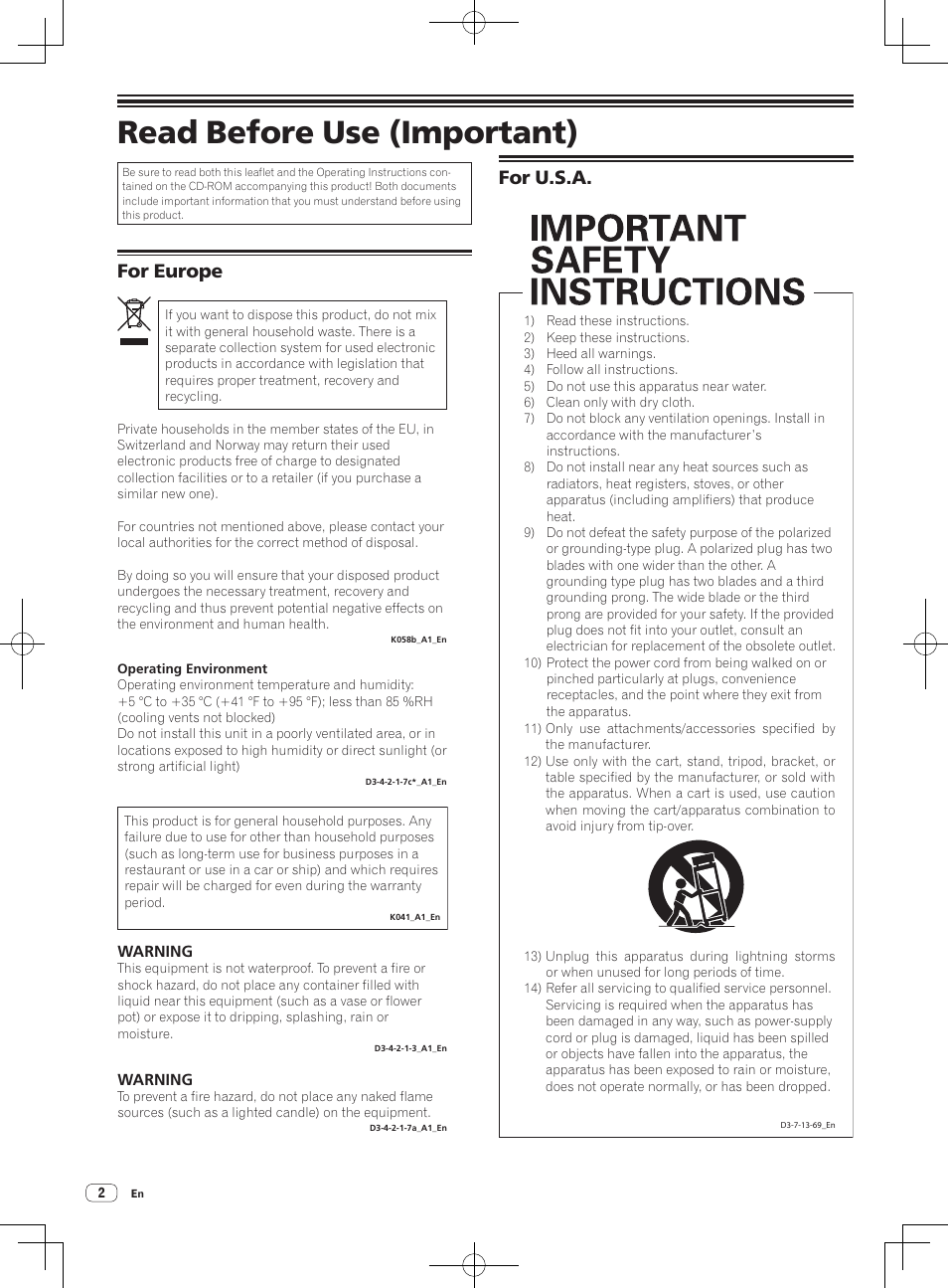 Read before use (important), Dj controller, For europe | For u.s.a | Pioneer DDJ-WeGO-G User Manual | Page 2 / 32