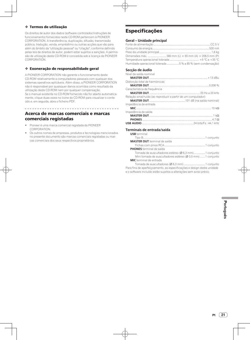 Especificações | Pioneer DDJ-WeGO-G User Manual | Page 21 / 32