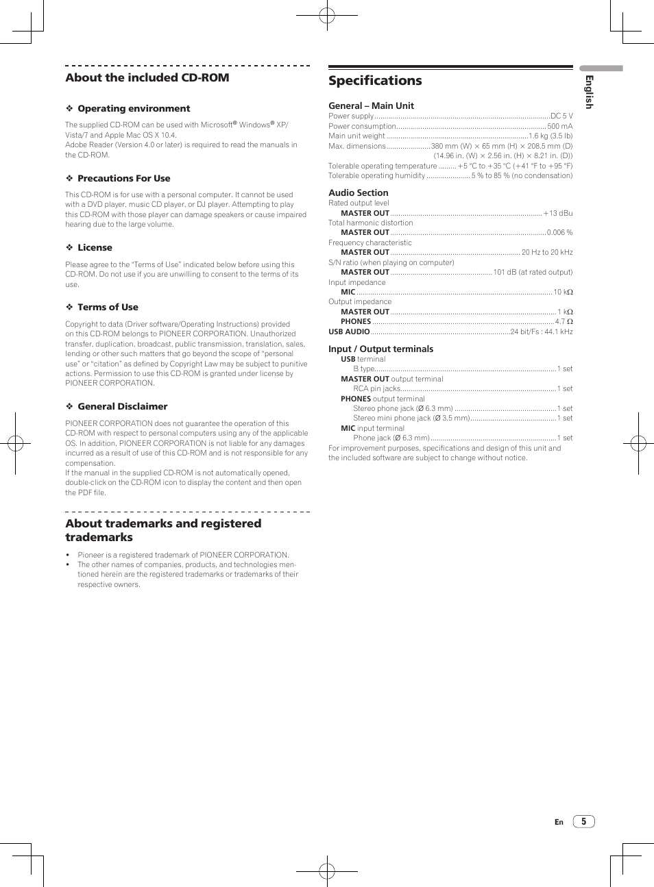 Specifications, About the included cd-rom, About trademarks and registered trademarks | Pioneer DDJ-WeGO-G User Manual | Page 5 / 32