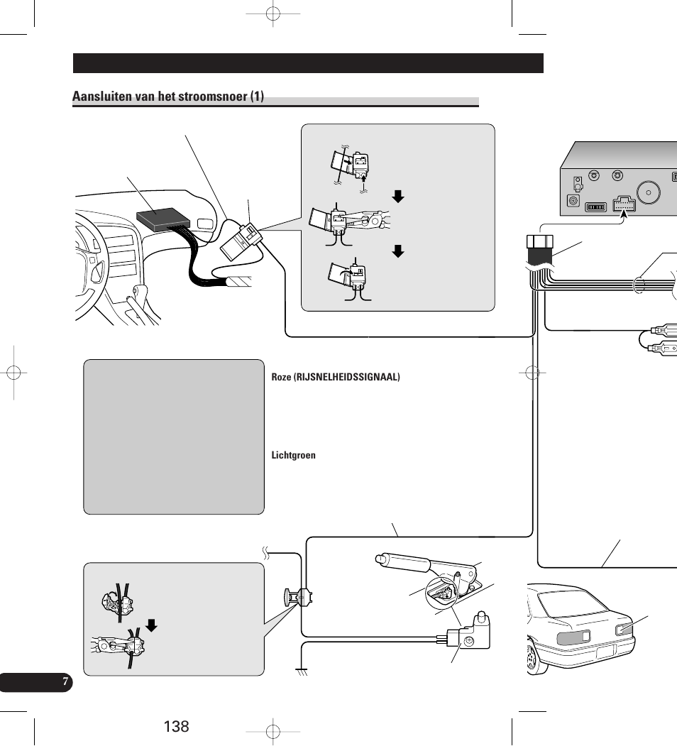Aansluiten van het stroomsnoer (1), Aansluitingen | Pioneer AVIC-70D User Manual | Page 138 / 158