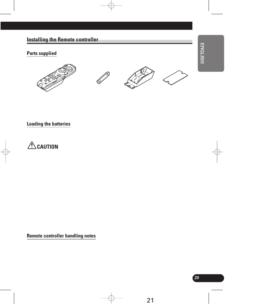Installing the remote controller, Parts supplied, Loading the batteries | Battery notes, Remote controller handling notes, Caution | Pioneer AVIC-70D User Manual | Page 21 / 158