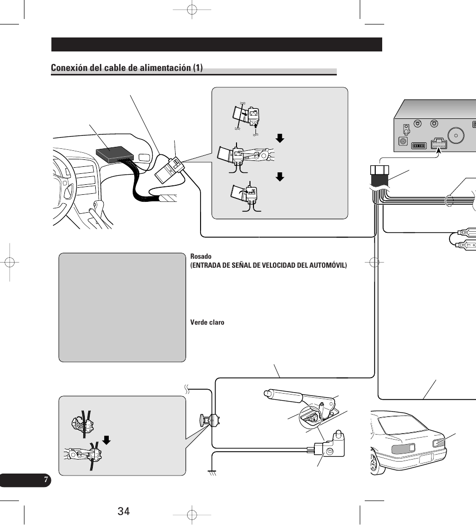 Conexión del cable de alimentación (1), Conexión del sistema | Pioneer AVIC-70D User Manual | Page 34 / 158