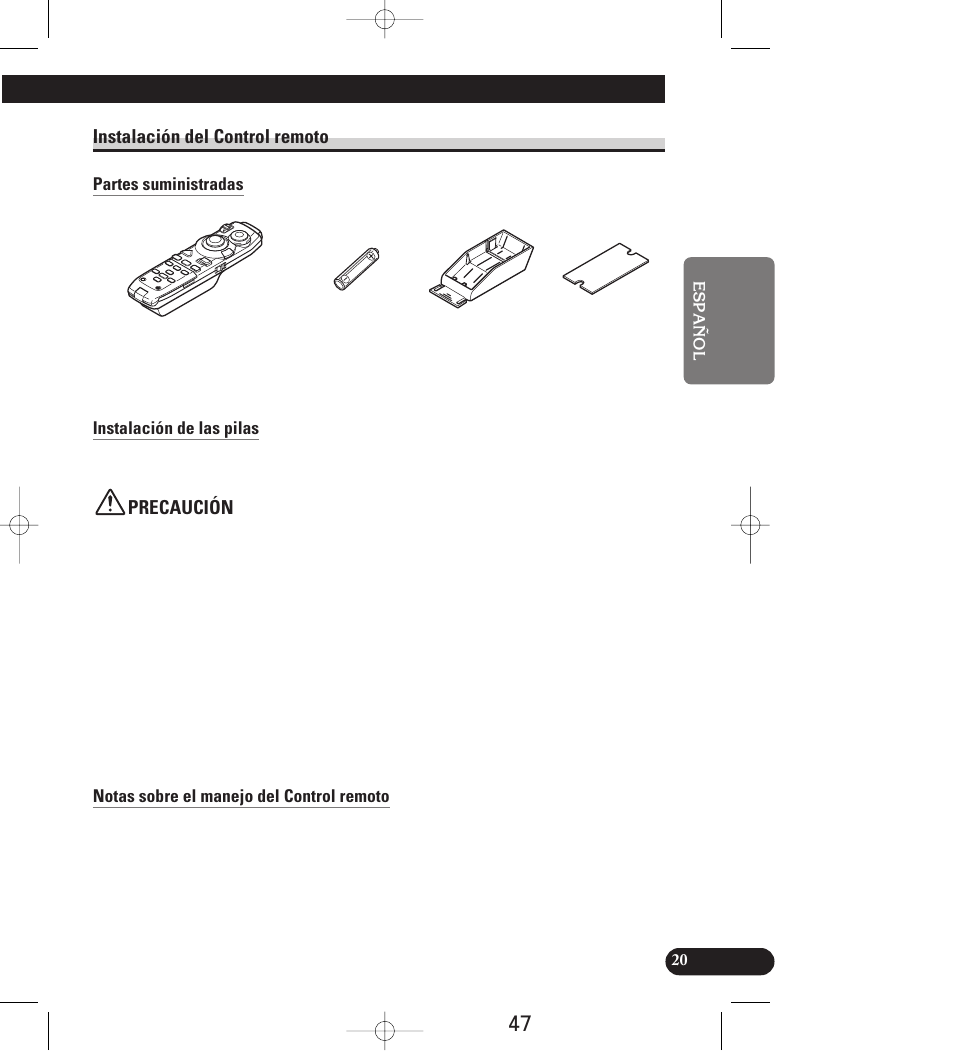Instalación del control remoto, Partes suministradas, Instalación de las pilas | Notas acerca de las pilas, Notas sobre el manejo del mando a distancia, Precaución | Pioneer AVIC-70D User Manual | Page 47 / 158