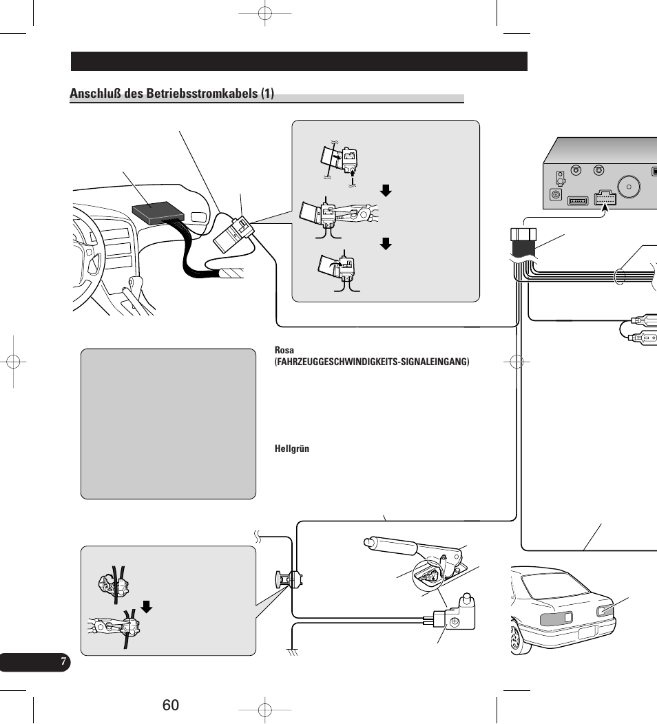 Anschluß des betriebsstromkabels (1), Anschluß des geräts | Pioneer AVIC-70D User Manual | Page 60 / 158