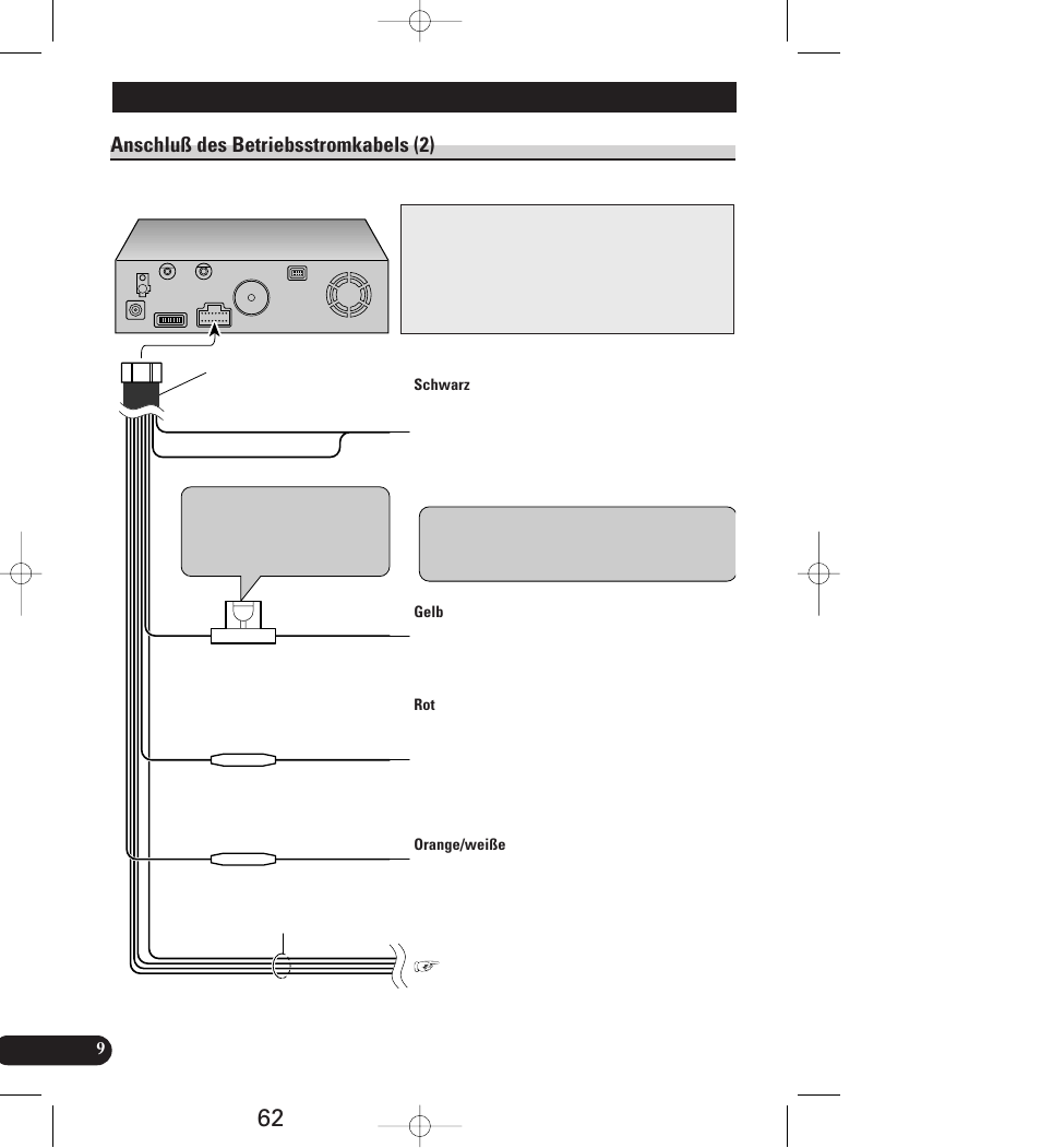 Anschluß des betriebsstromkabels (2), Anschluß des geräts | Pioneer AVIC-70D User Manual | Page 62 / 158