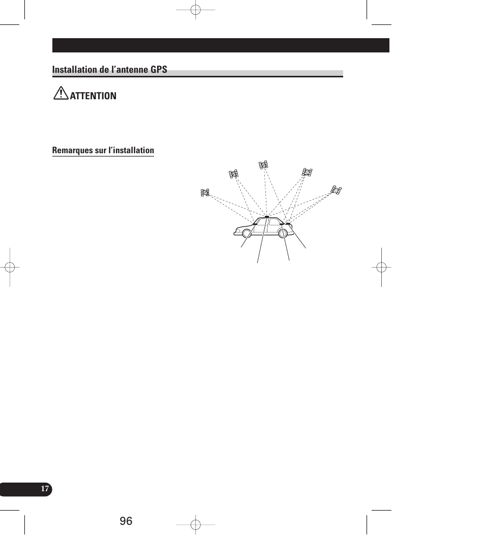 Installation de l’antenne gps, Attention, Remarques sur l’installation | Installation, Installation de l’antenne gps attention | Pioneer AVIC-70D User Manual | Page 96 / 158
