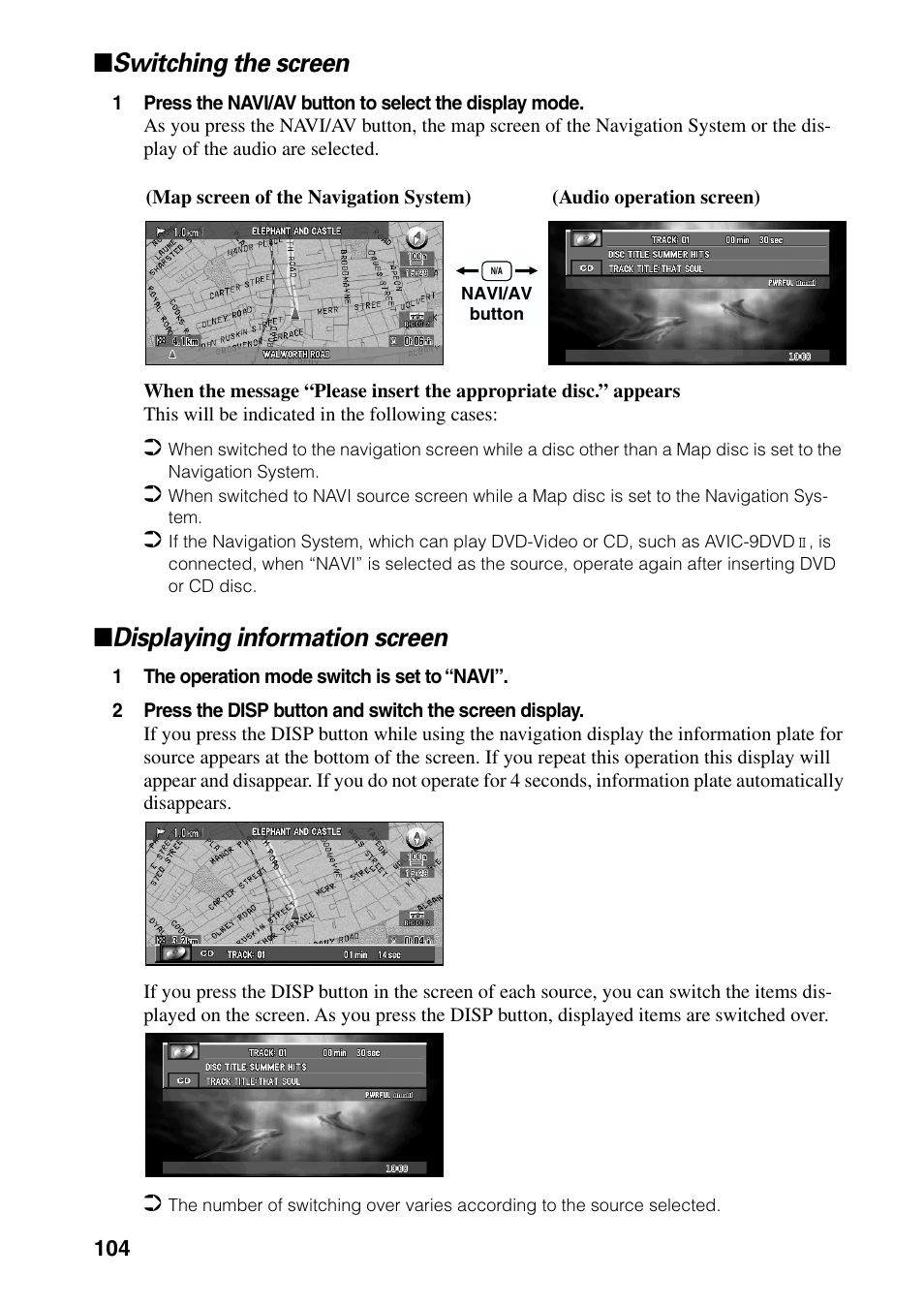 Switching the screen displaying information screen, Switching the screen, Displaying information screen | Pioneer AVIC-60D-2 User Manual | Page 106 / 188