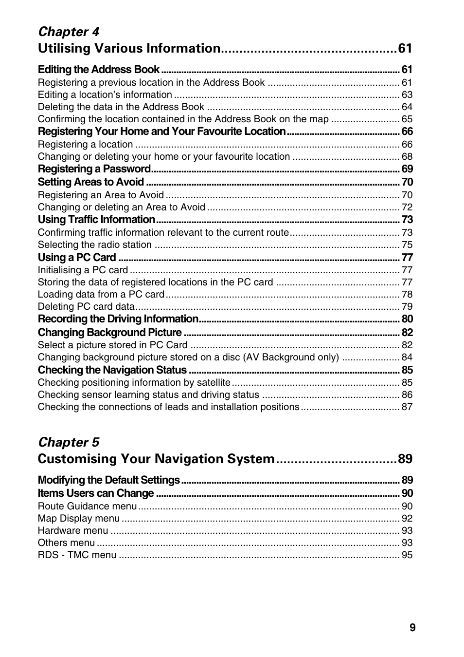 Chapter 4 utilising various information, Chapter 5 customising your navigation system | Pioneer AVIC-60D-2 User Manual | Page 11 / 188