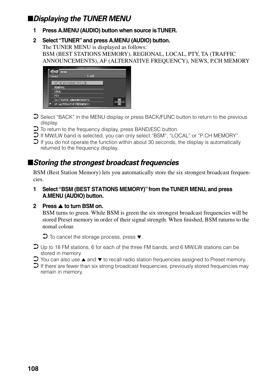 Displaying the tuner menu, Storing the strongest broadcast frequencies | Pioneer AVIC-60D-2 User Manual | Page 110 / 188