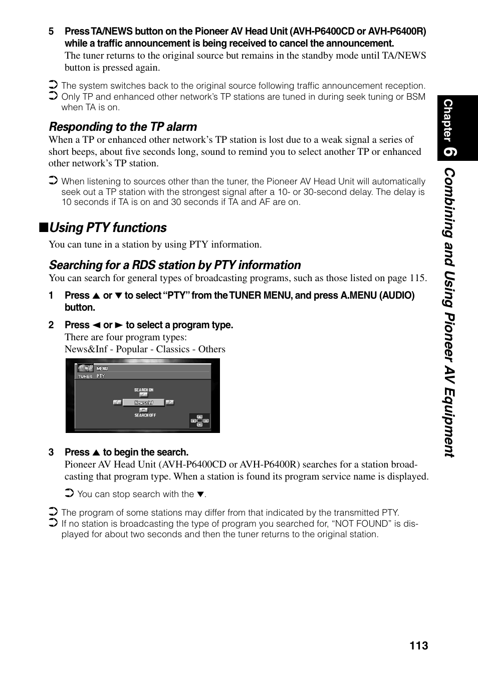 Using pty functions, Combining and using pioneer a v equipment | Pioneer AVIC-60D-2 User Manual | Page 115 / 188