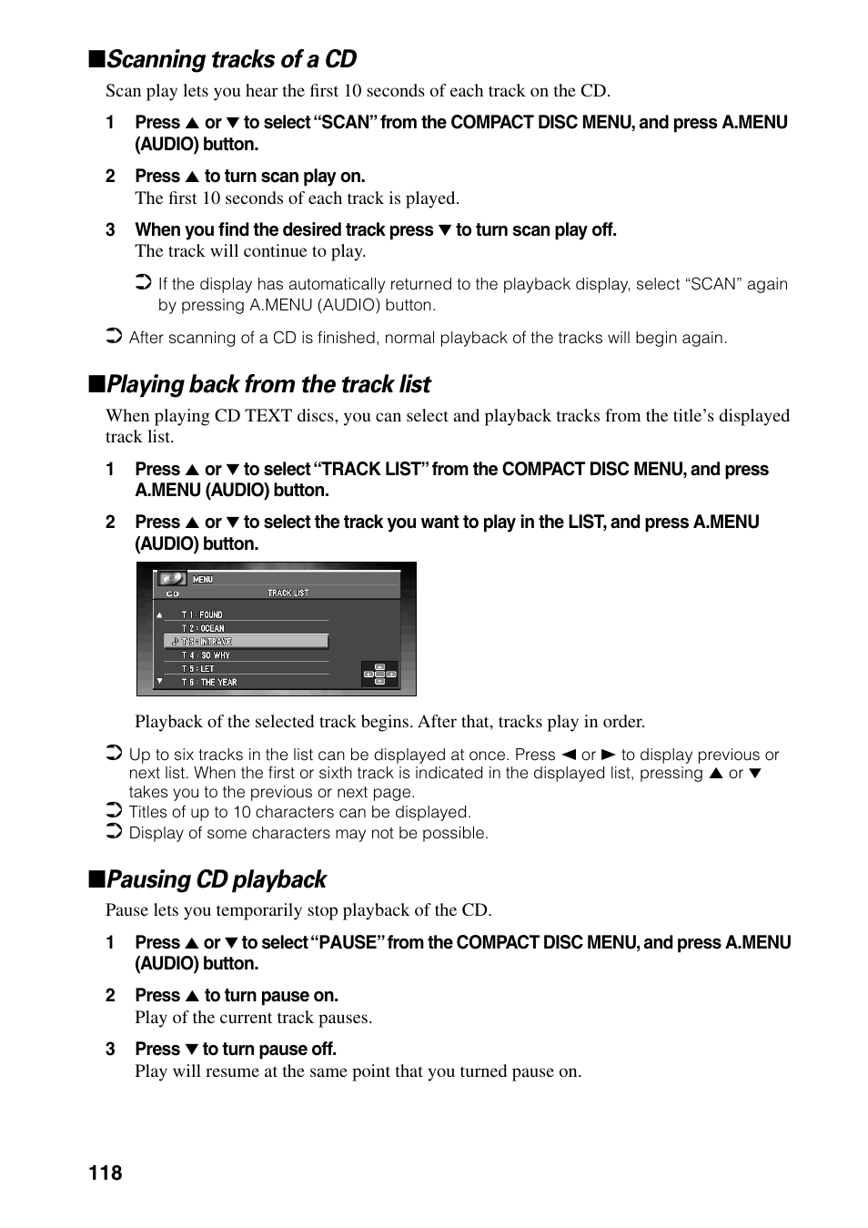 Scanning tracks of a cd, Playing back from the track list, Pausing cd playback | Pioneer AVIC-60D-2 User Manual | Page 120 / 188