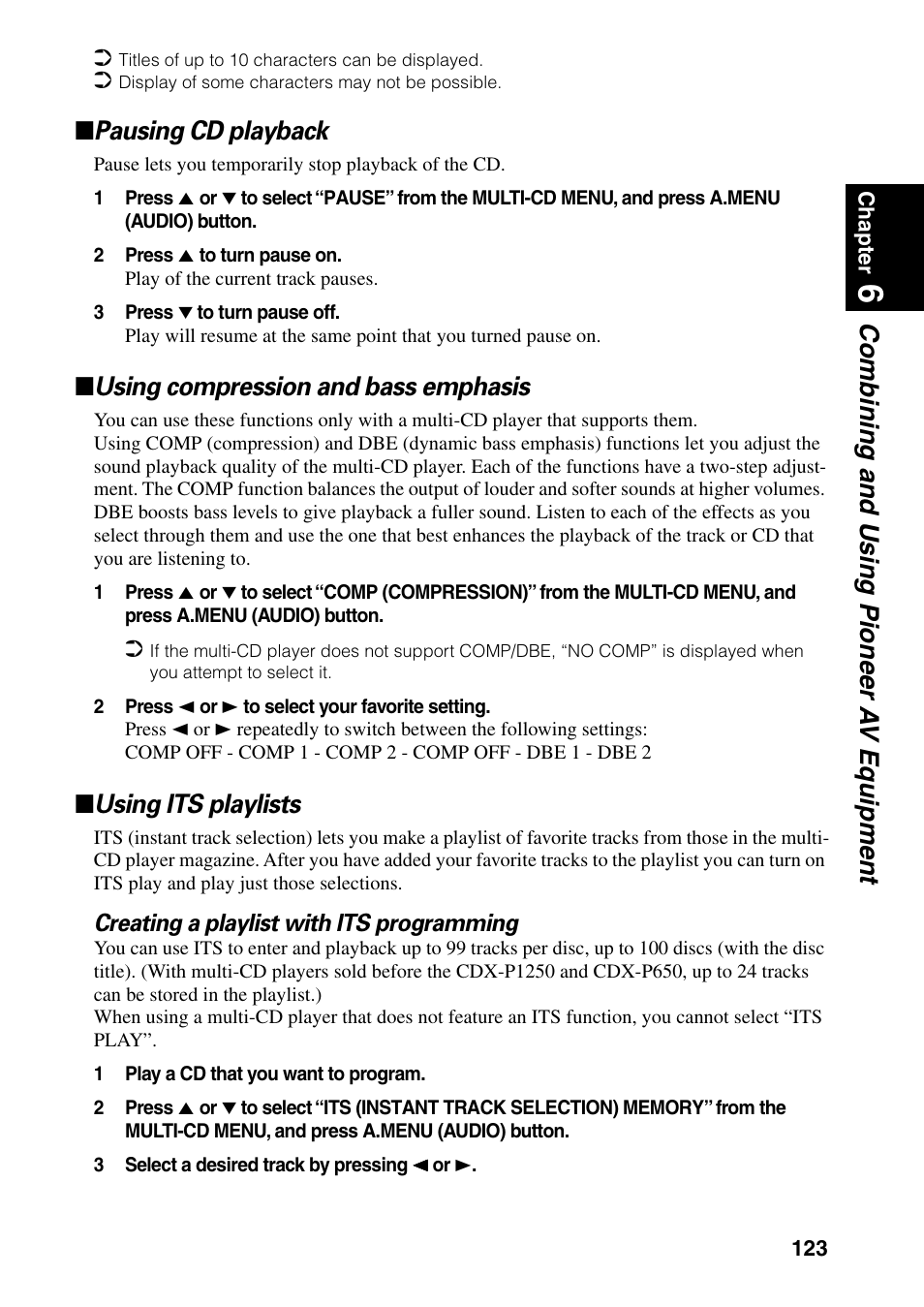 Combining and using pioneer a v equipment, Pausing cd playback, Using compression and bass emphasis | Using its playlists | Pioneer AVIC-60D-2 User Manual | Page 125 / 188