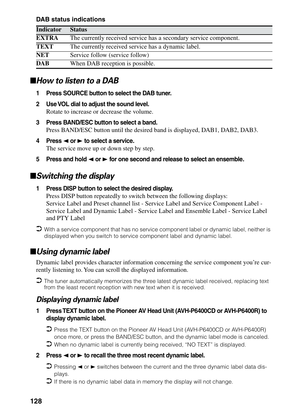 How to listen to a dab, Switching the display, Using dynamic label | Pioneer AVIC-60D-2 User Manual | Page 130 / 188