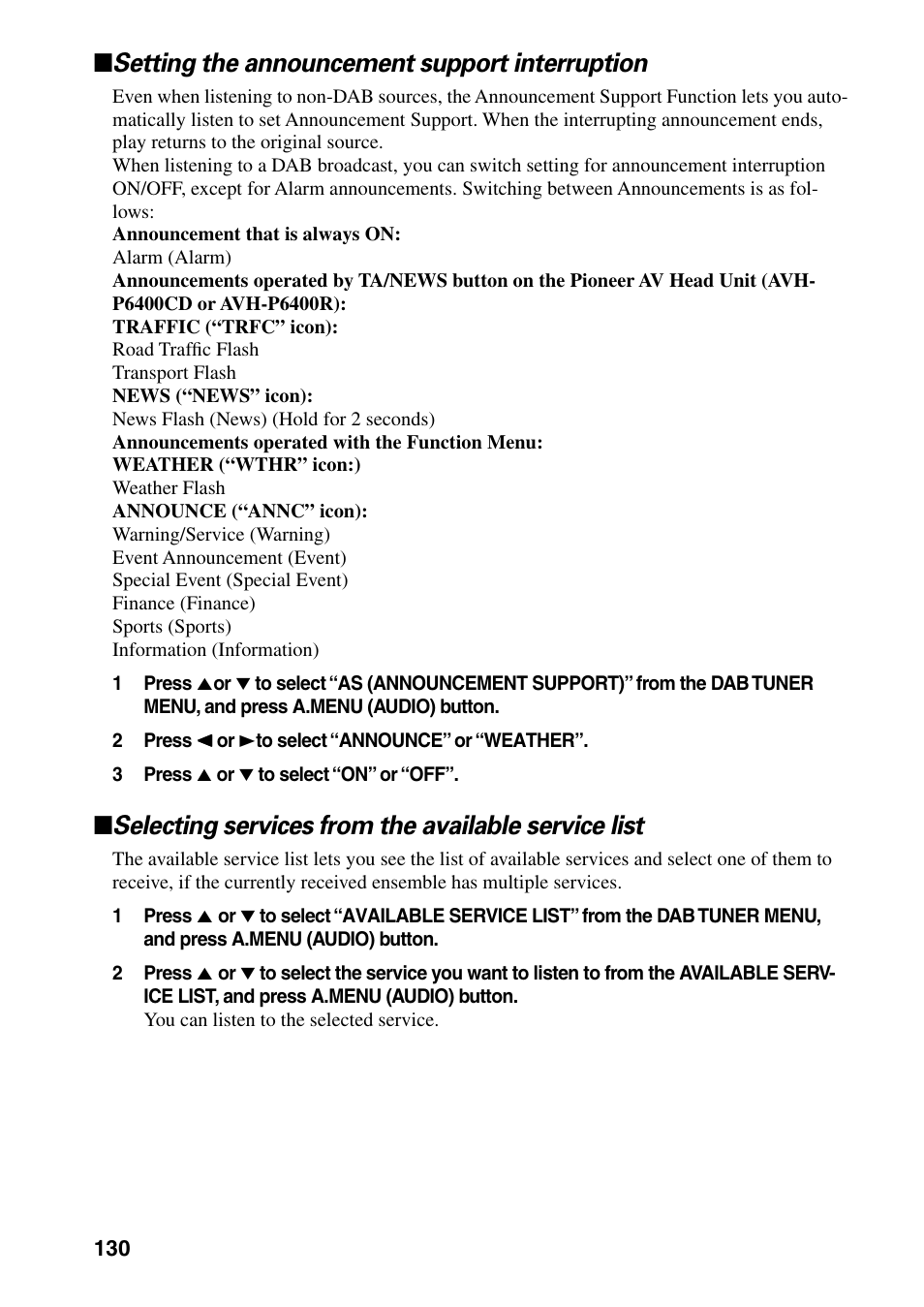 Setting the announcement support interruption, Selecting services from the available service list | Pioneer AVIC-60D-2 User Manual | Page 132 / 188