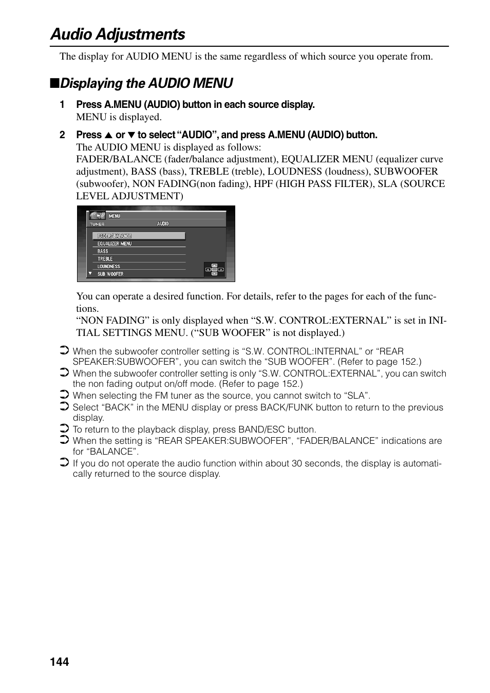 Audio adjustments, Displaying the audio menu | Pioneer AVIC-60D-2 User Manual | Page 146 / 188