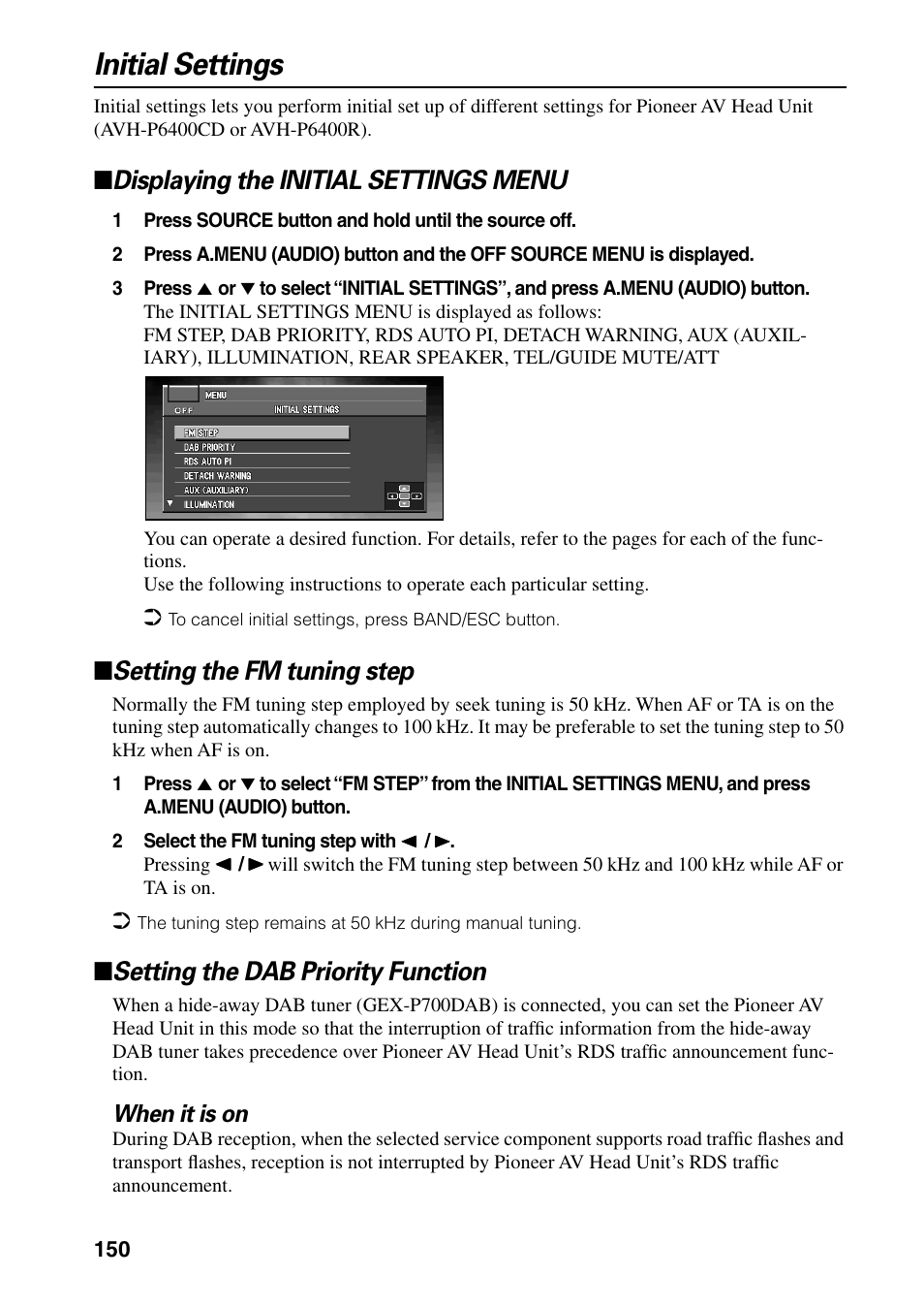 Initial settings, Displaying the initial settings menu, Setting the fm tuning step | Setting the dab priority function | Pioneer AVIC-60D-2 User Manual | Page 152 / 188