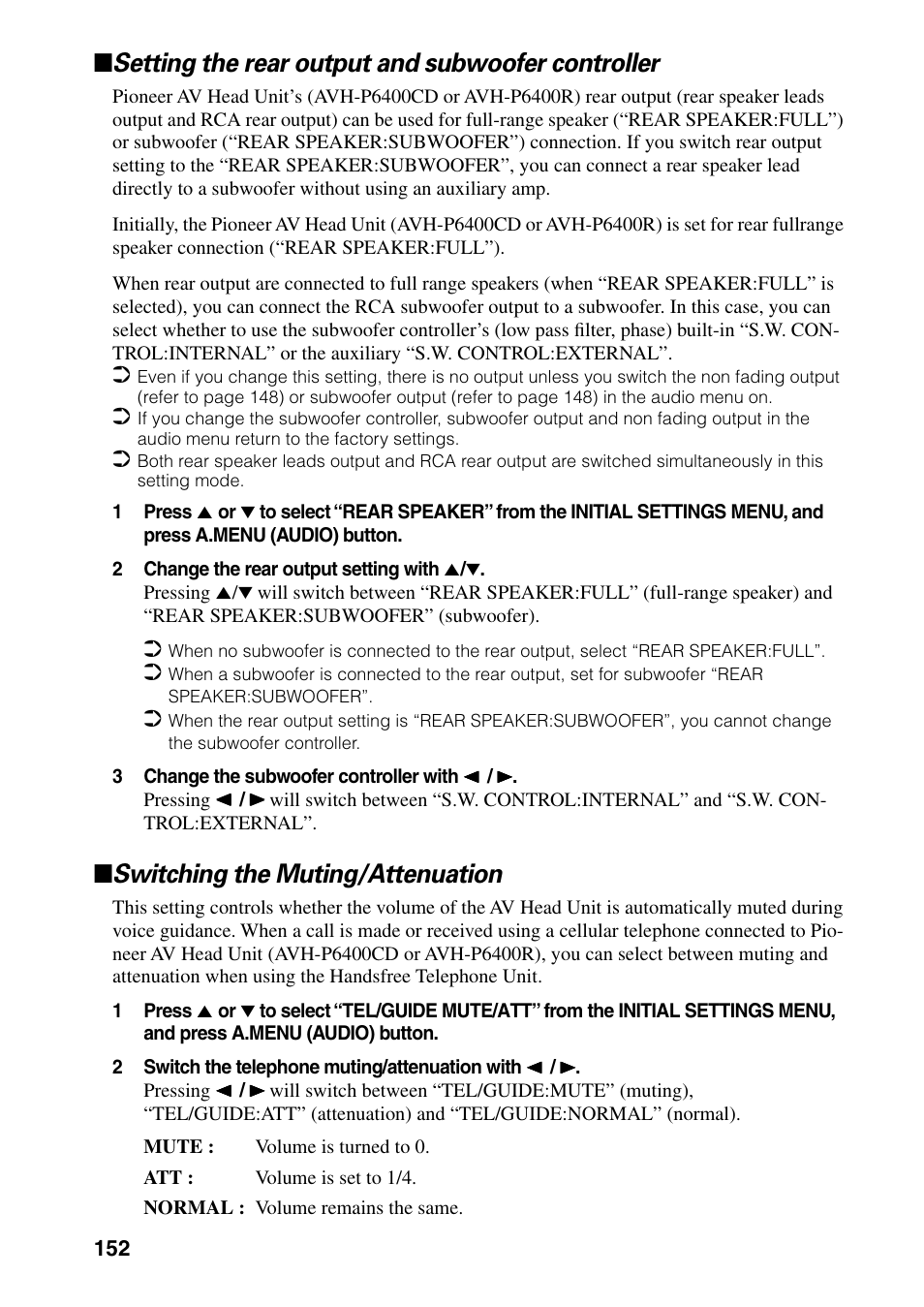 Setting the rear output and subwoofer controller, Switching the muting/attenuation | Pioneer AVIC-60D-2 User Manual | Page 154 / 188