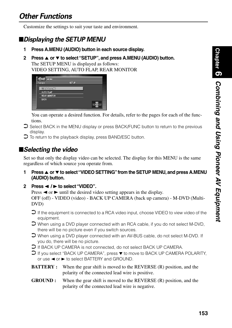 Other functions, Displaying the setup menu selecting the video, Combining and using pioneer a v equipment | Displaying the setup menu, Selecting the video | Pioneer AVIC-60D-2 User Manual | Page 155 / 188