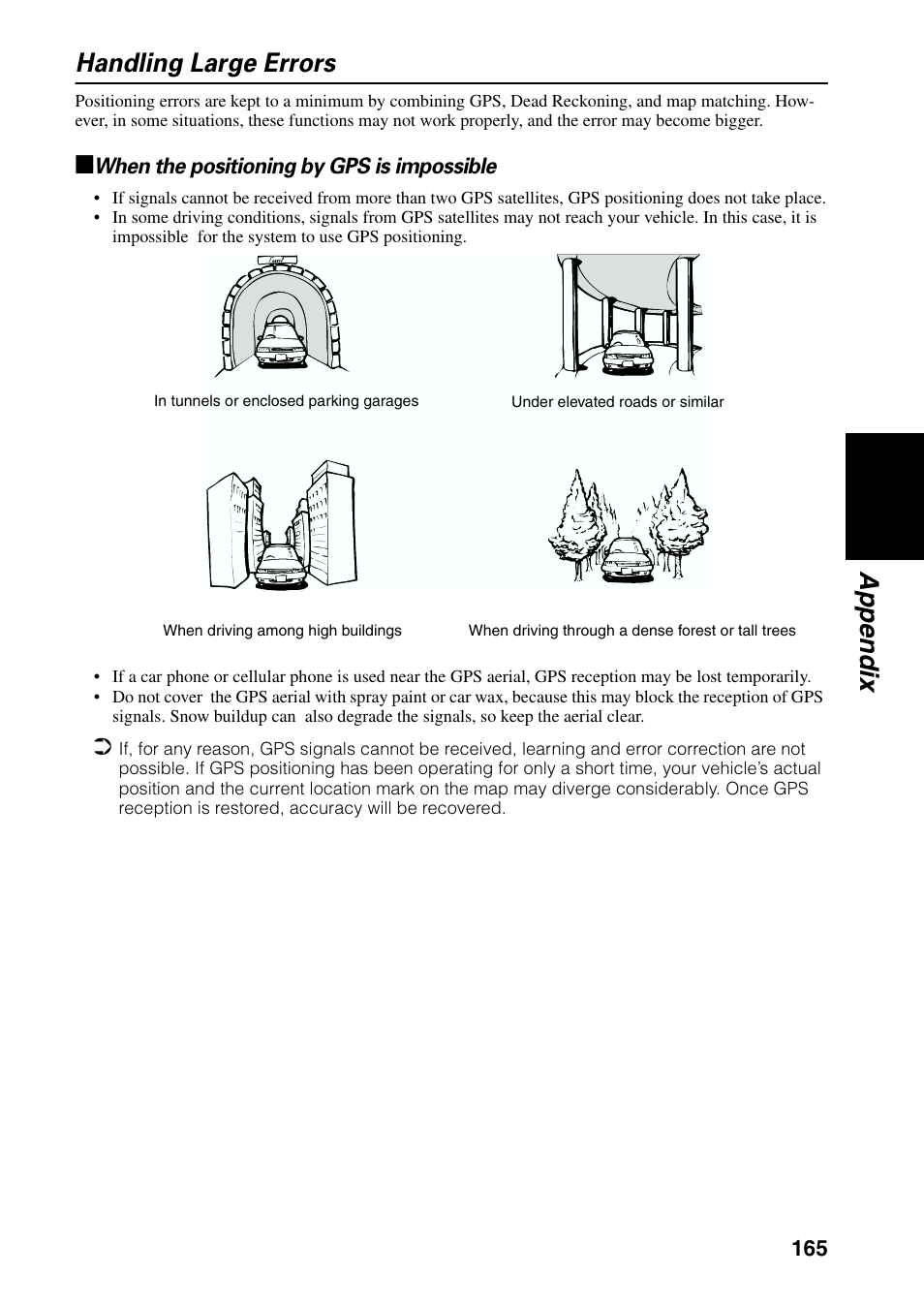 Handling large errors, When the positioning by gps is impossible, Appendix handling large errors | Pioneer AVIC-60D-2 User Manual | Page 167 / 188