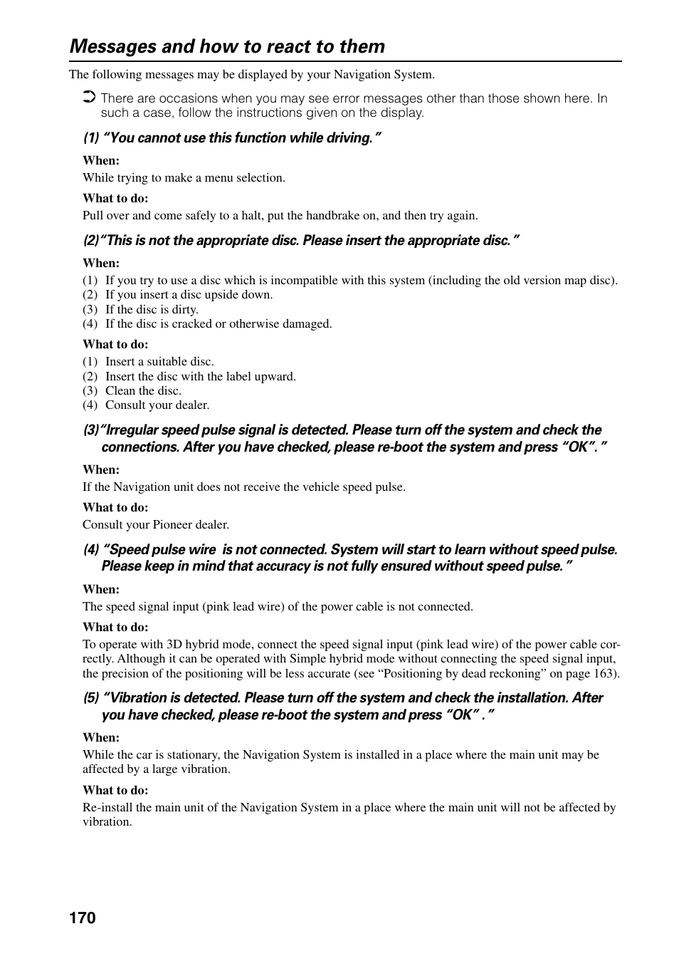 Messages and how to react to them | Pioneer AVIC-60D-2 User Manual | Page 172 / 188