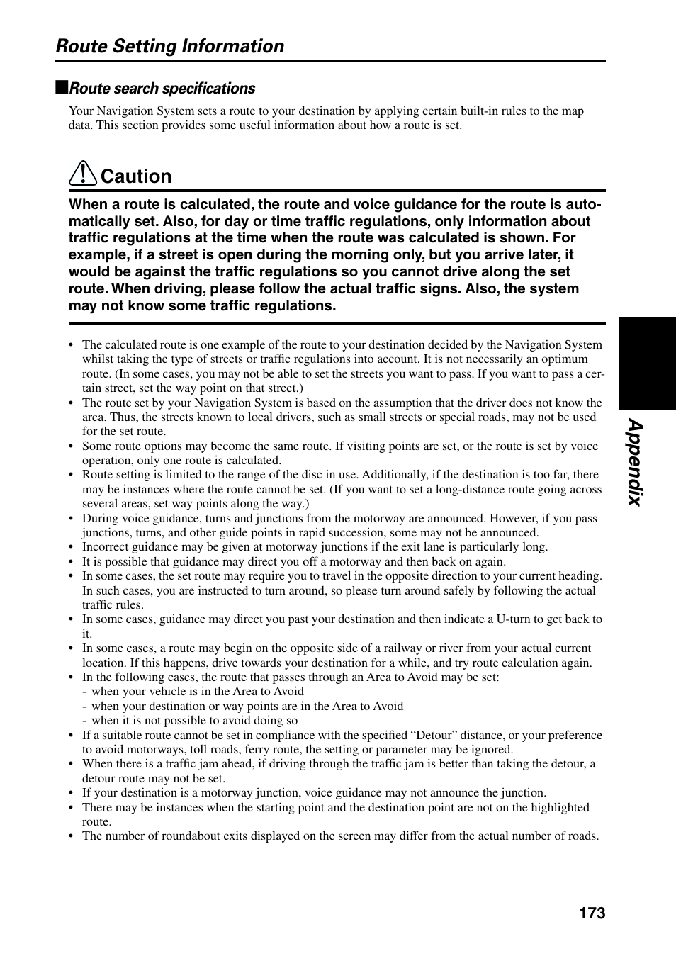 Route setting information, Route search specifications, Appendix route setting information | Caution | Pioneer AVIC-60D-2 User Manual | Page 175 / 188