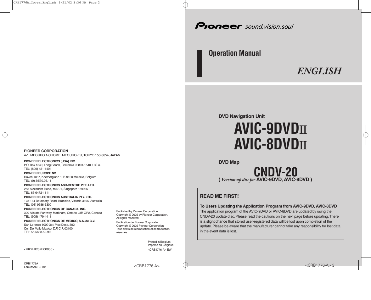 Avic-9dvd, Avic-8dvd, Cndv-20 | English, Operation manual | Pioneer AVIC-60D-2 User Manual | Page 188 / 188