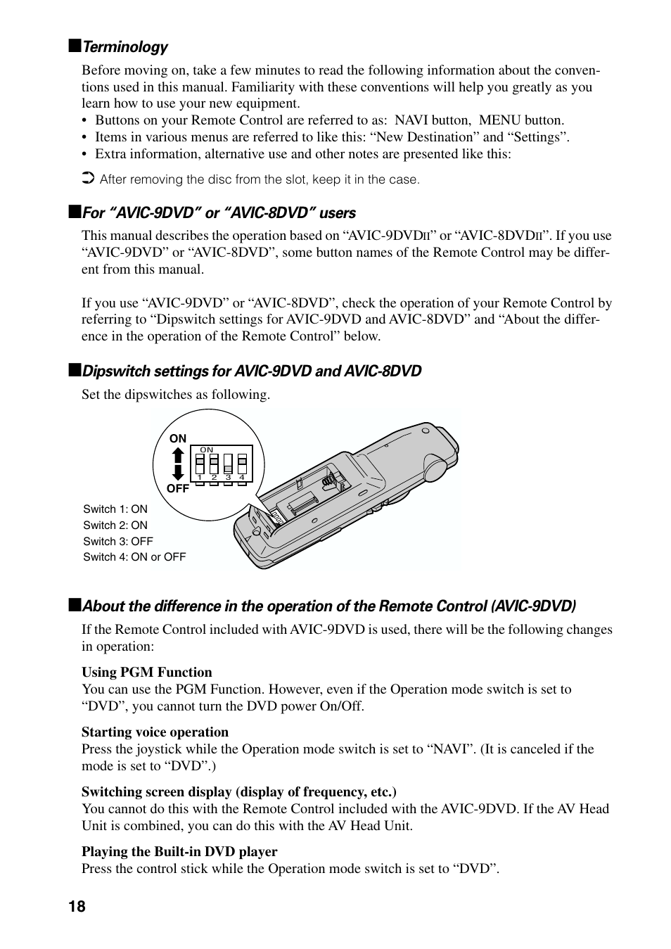 Terminology, For “avic-9dvd” or “avic-8dvd” users, Dipswitch settings for avic-9dvd and avic-8dvd | Pioneer AVIC-60D-2 User Manual | Page 20 / 188