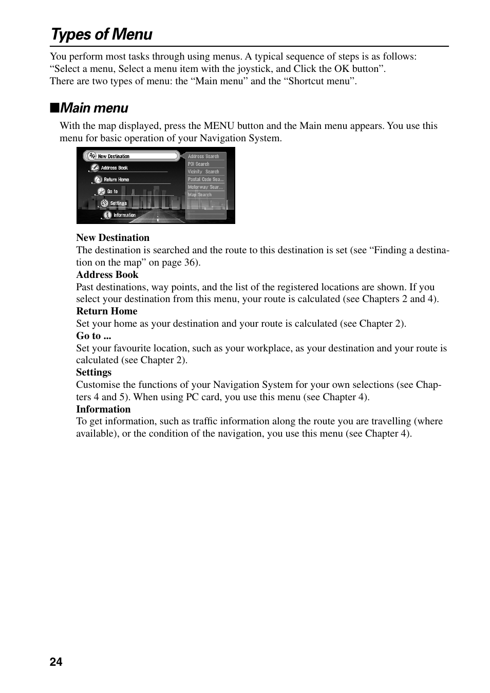 Types of menu, Main menu | Pioneer AVIC-60D-2 User Manual | Page 26 / 188