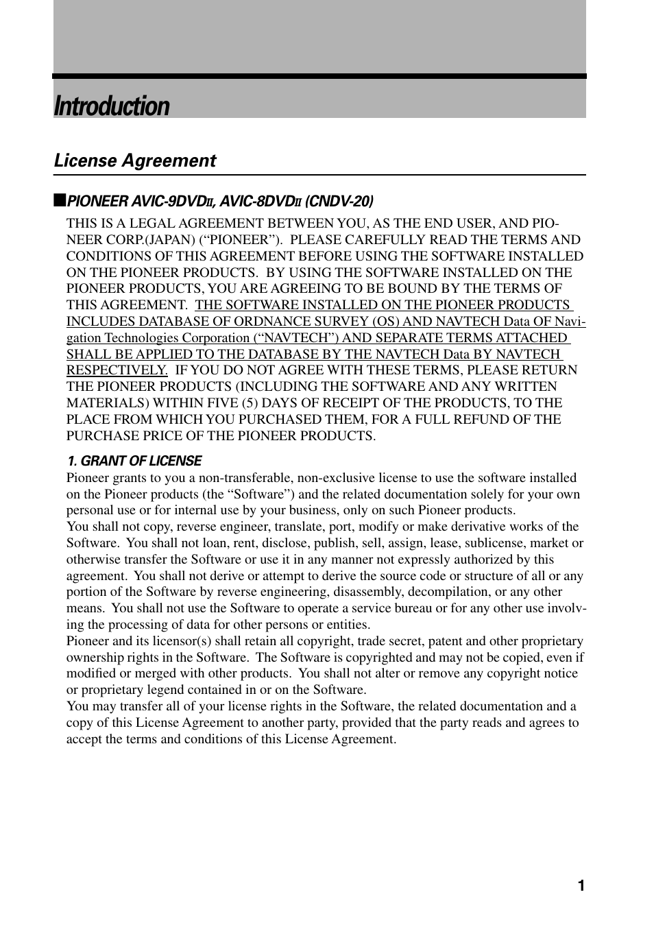 Introduction, License agreement | Pioneer AVIC-60D-2 User Manual | Page 3 / 188