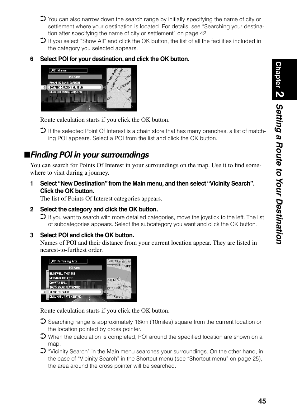 Finding poi in your surroundings, Setting a route to y our destination | Pioneer AVIC-60D-2 User Manual | Page 47 / 188