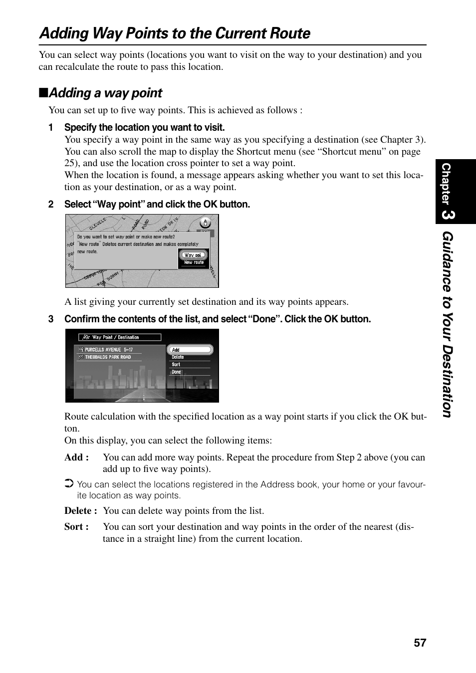 Adding way points to the current route, Adding a way point, Guidance to y our destination | Pioneer AVIC-60D-2 User Manual | Page 59 / 188