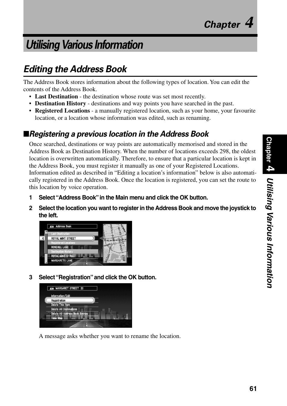 Chapter 4, Utilising various information, Editing the address book | Chapter | Pioneer AVIC-60D-2 User Manual | Page 63 / 188