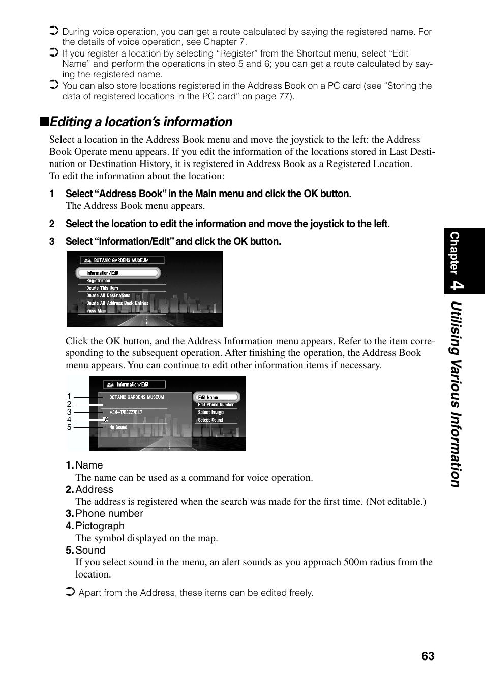 Editing a location’s information, Utilising v arious inf ormation | Pioneer AVIC-60D-2 User Manual | Page 65 / 188