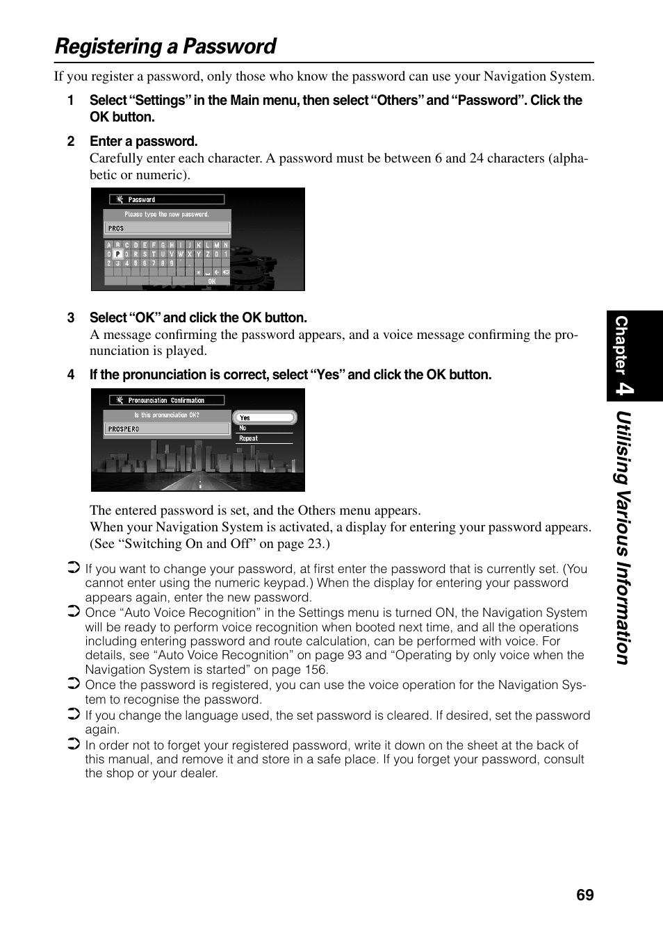 Registering a password, Utilising v arious inf ormation | Pioneer AVIC-60D-2 User Manual | Page 71 / 188