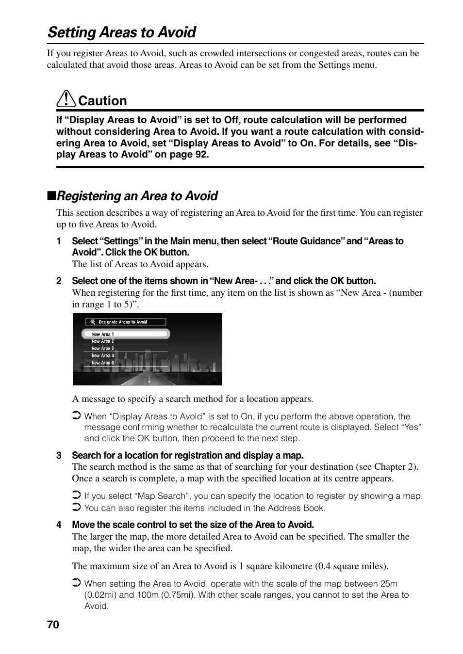 Setting areas to avoid, Registering an area to avoid, Caution | Pioneer AVIC-60D-2 User Manual | Page 72 / 188
