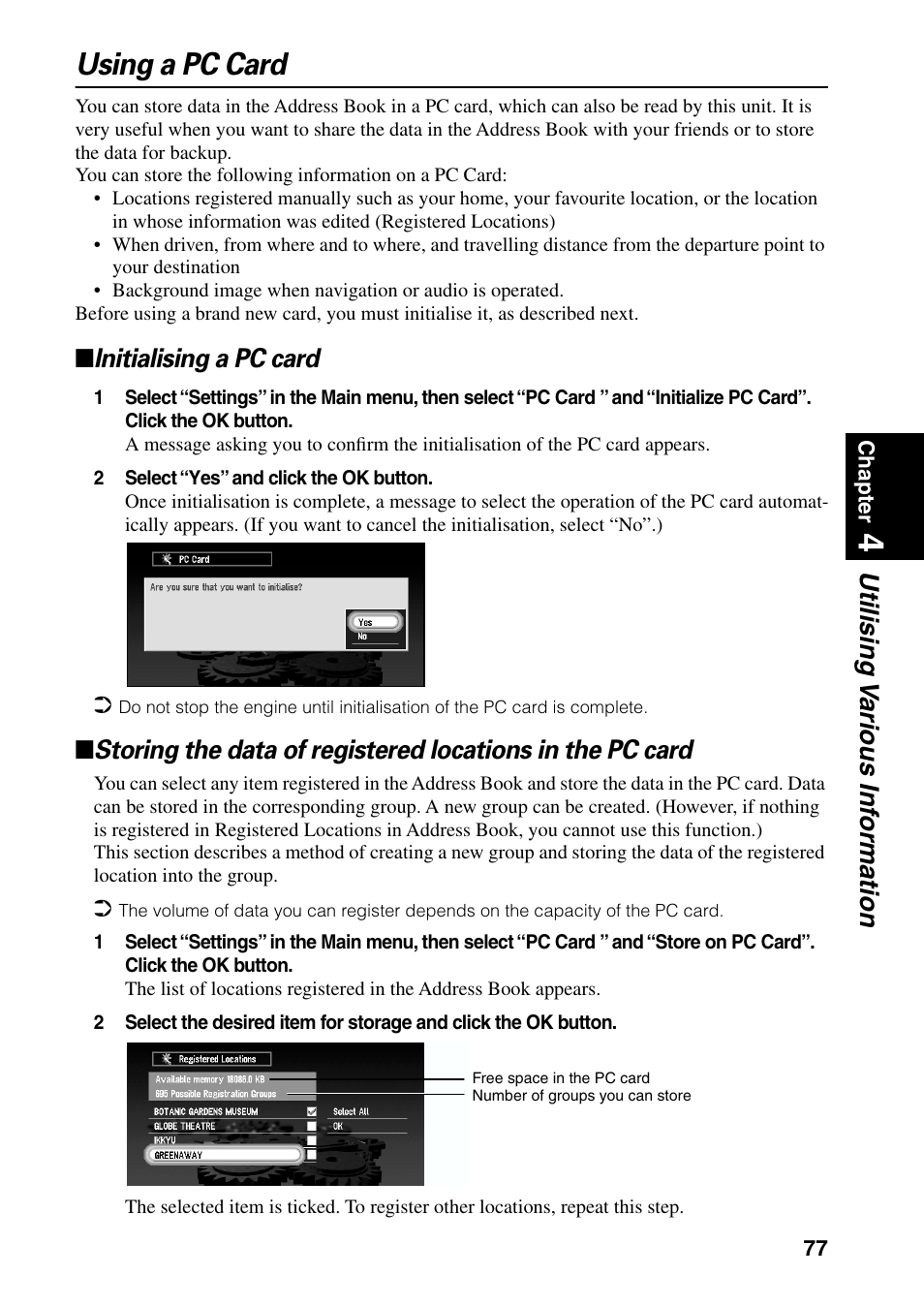 Using a pc card, Utilising v arious inf ormation, Initialising a pc card | Pioneer AVIC-60D-2 User Manual | Page 79 / 188