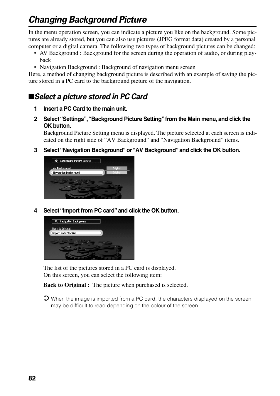 Changing background picture, Select a picture stored in pc card | Pioneer AVIC-60D-2 User Manual | Page 84 / 188